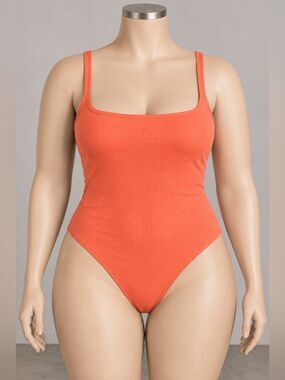 OQQ XL Coral Ribbed Square Neck Bodysuit Sleeveless Cheeky Back
